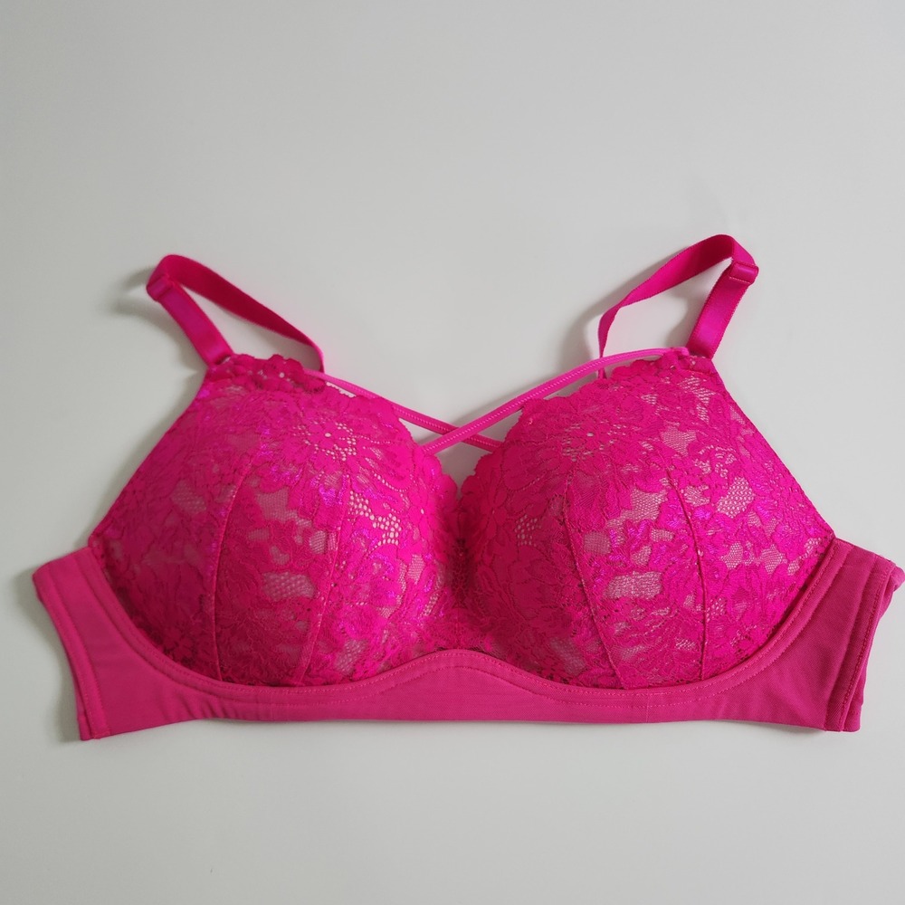 Torrid Hot‎ Pink Lace Wire-Free Strappy Bra 42C Floral Padded Adjustable Straps